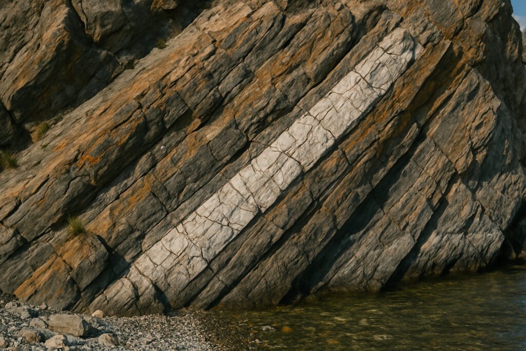 Schräg gestellte Gesteinsschichten mit hellen Marmorbändern an einem Felsufer