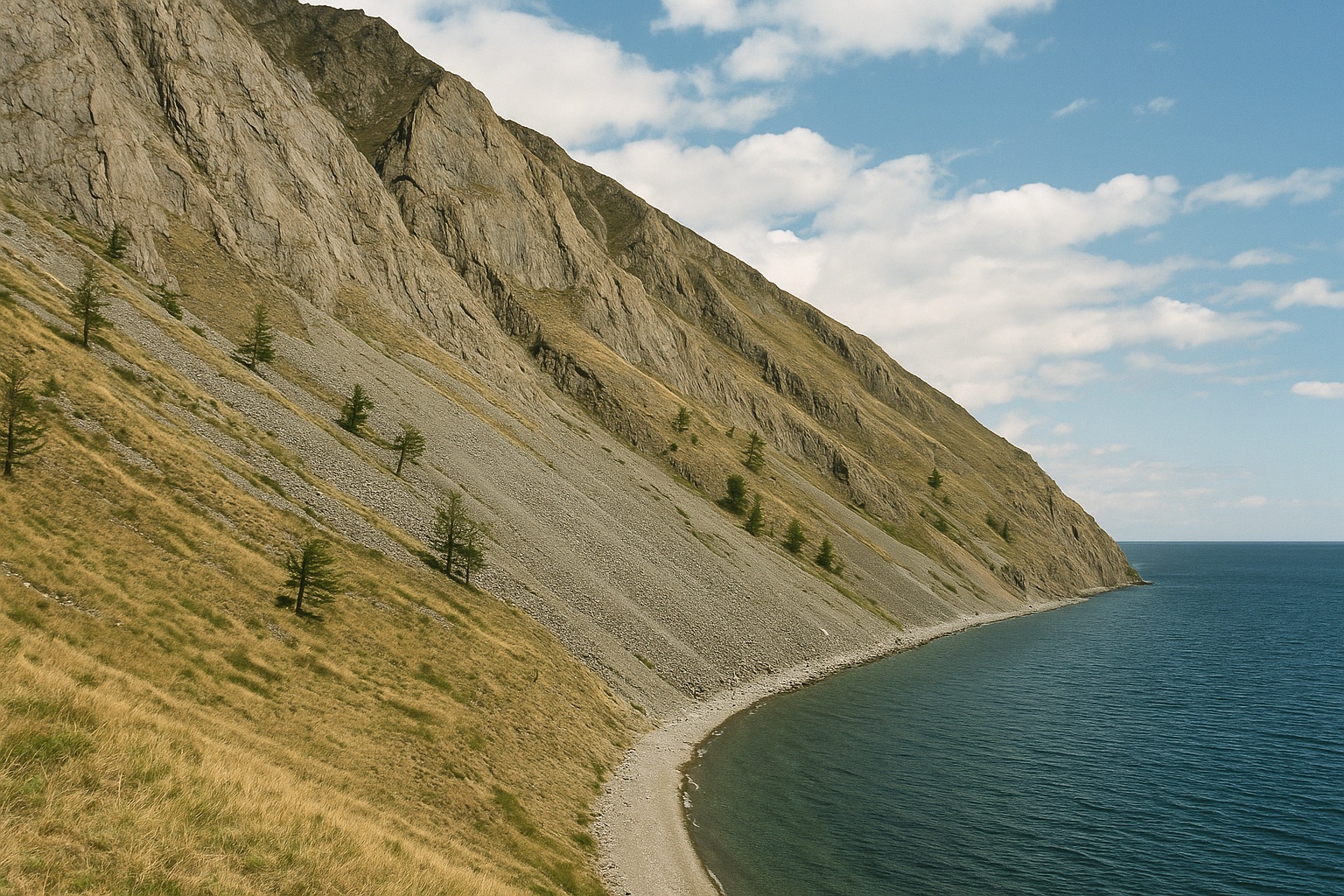 Steile, kahle Bruchstufe einer Bergkette mit Geröllhalden, die direkt zum Kiesstrand und See abfällt