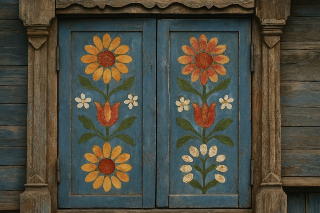 Holzfensterläden mit gemalten Blumenornamenten in Rot, Gelb und Grün auf blauem Grund