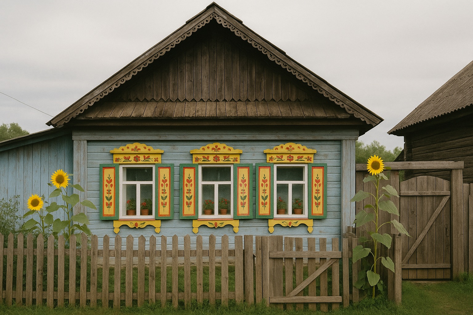 Hellblau gestrichenes Holzhaus mit bunt bemalten Fensterläden, geschnitztem Giebel, Holzzaun und Sonnenblumen