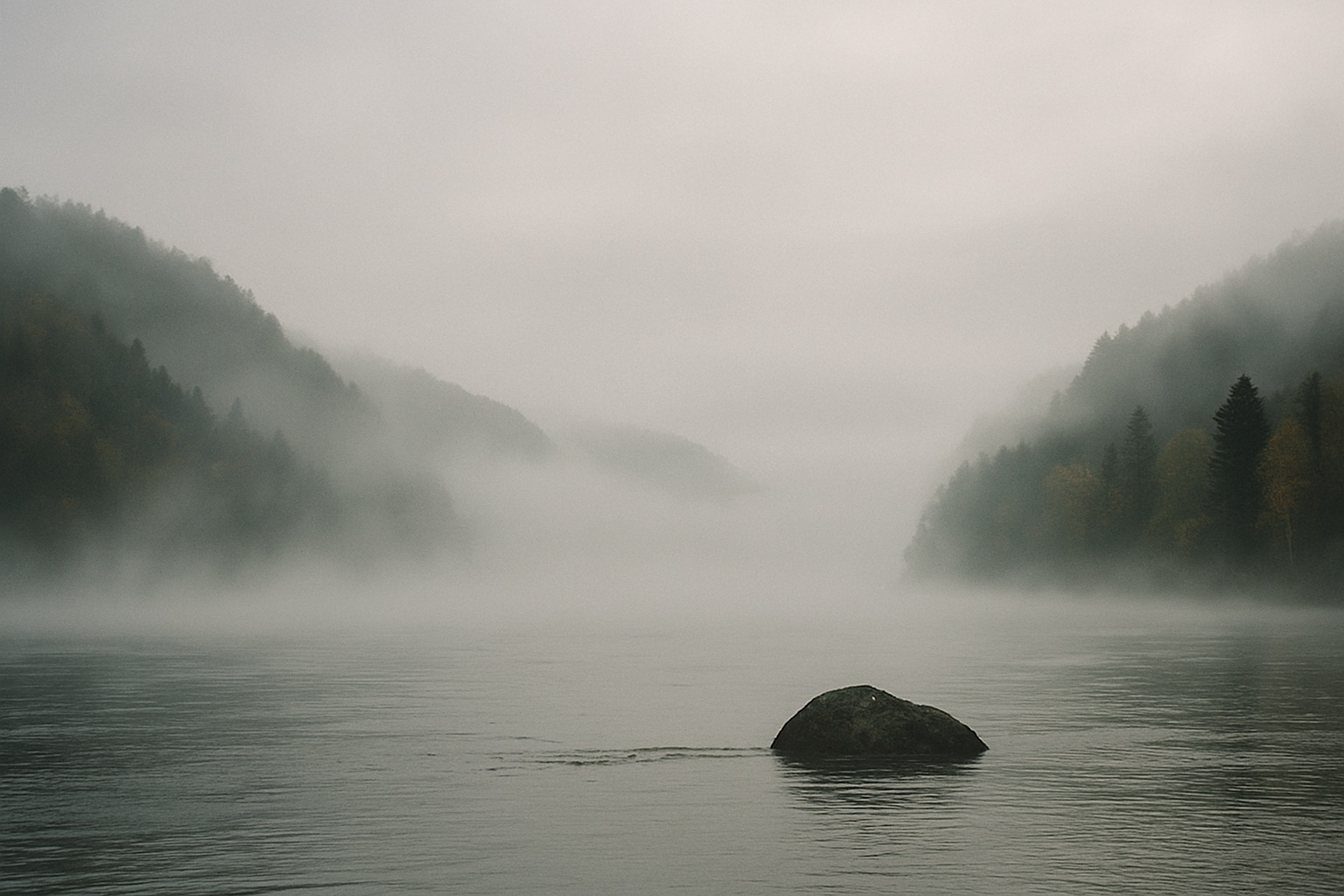 Morgennebel über dunklem Wasser zwischen bewaldeten Ufern, ein Felsblock im Wasser