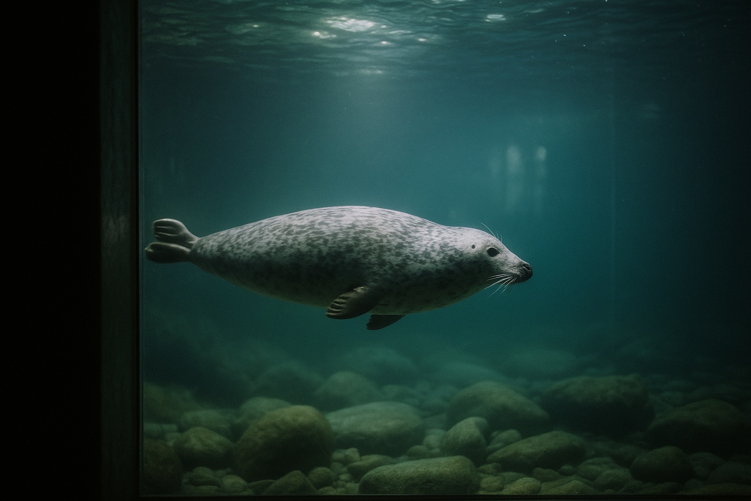 Großes Schaubecken von der dunklen Besucherseite: Eine graue Robbe schwimmt hinter dickem Glas