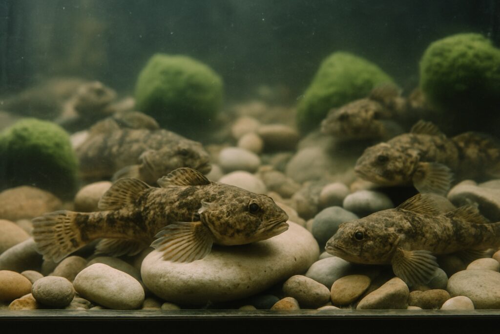 Aquarium mit mehreren braun gefleckten Groppen auf Steinen, dazwischen grüne Schwämme