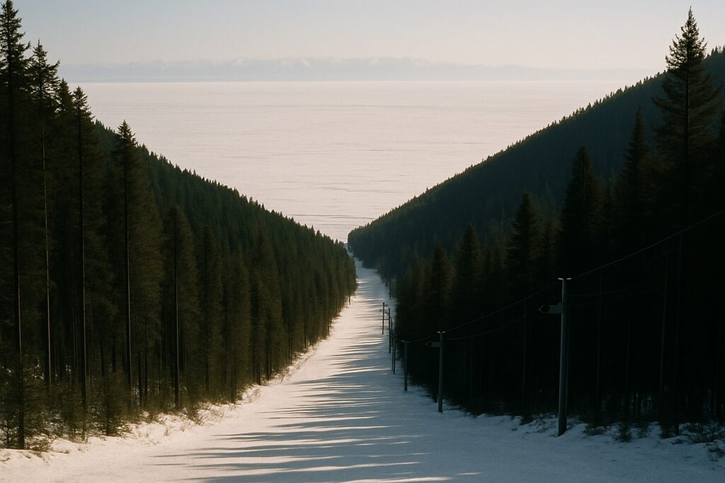 Skipiste durch dunkle Taiga an einem Berghang hoch über dem zugefrorenen See