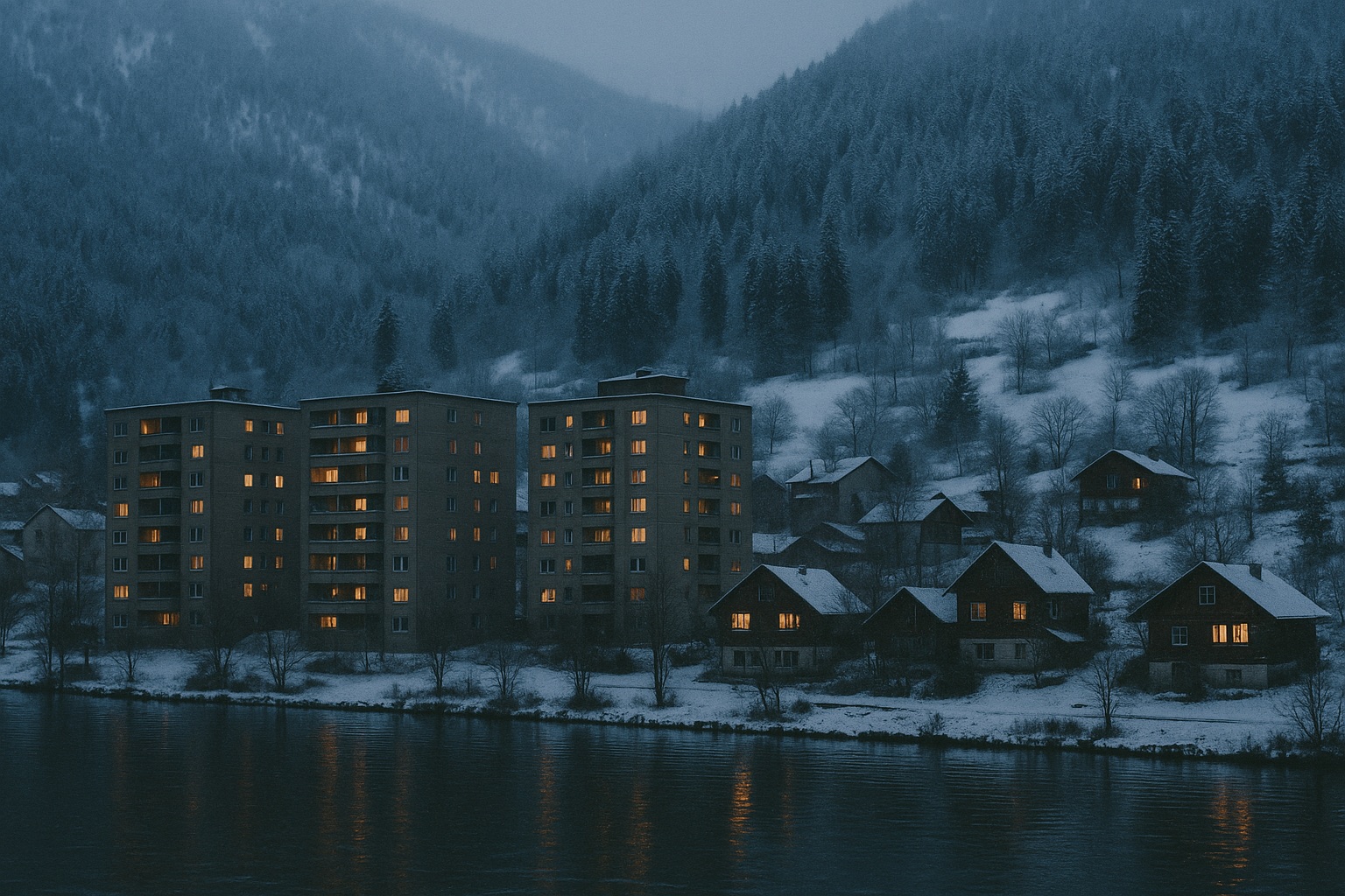 Kleinstadt mit fünfstöckigen Wohnblocks am Fuß verschneiter Berge an einem Winterabend mit erleuchteten Fenstern