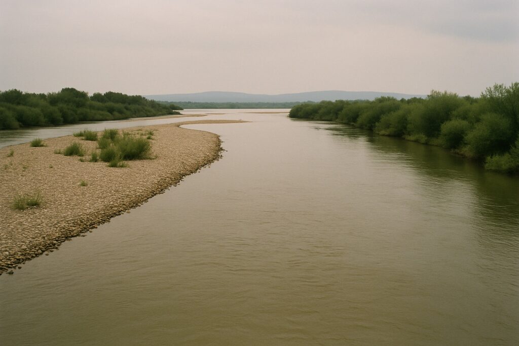 Breiter Arm eines großen Flusses im Frühsommer mit Kiesbänken und Weidengebüsch