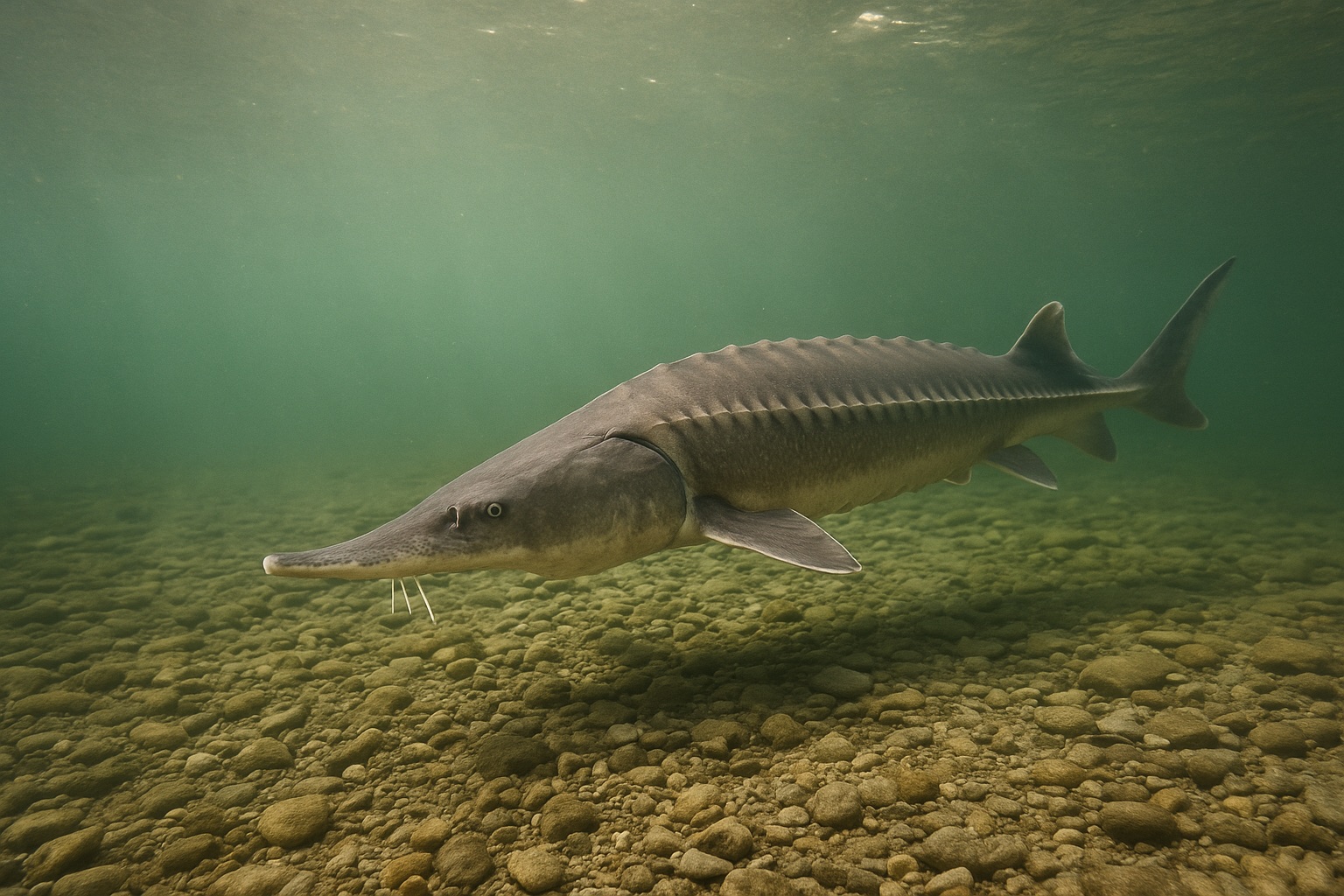 Unterwasseraufnahme eines großen Störs mit Knochenschilden und langer Schnauze über Kiesgrund