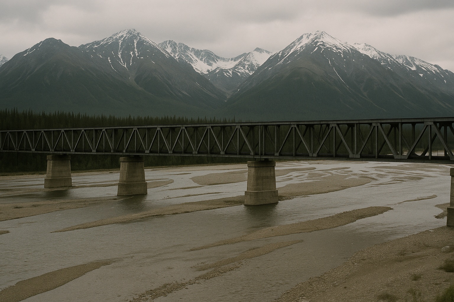 Lange Stahlbrücke auf Betonpfeilern über einen verzweigten Gebirgsfluss in der nördlichen Taiga, dahinter schneebedeckte Berge