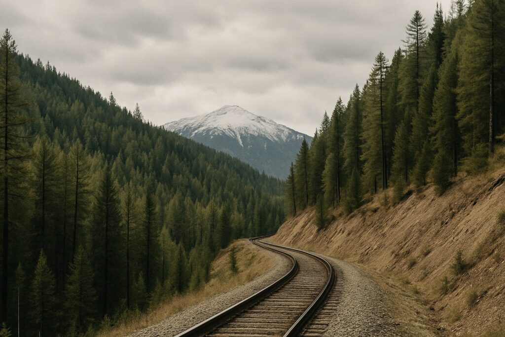 Eingleisige Bahnstrecke auf hohem Damm an einem bewaldeten Talhang, im Hintergrund ein verschneiter Gipfel