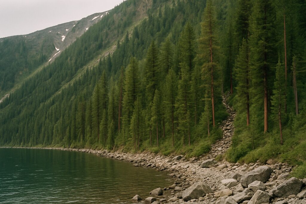 Unberührtes steiles Ufer mit Taiga über einem schmalen Blockstrand im Juni