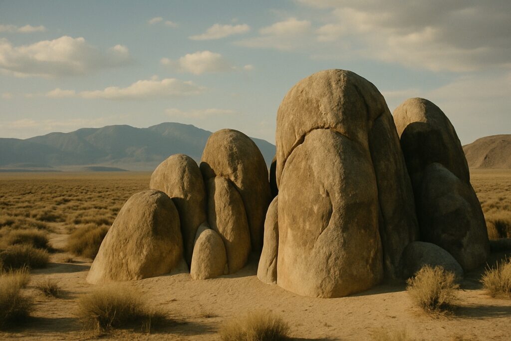 Verwitterte, gerundete Granitfelsen in einer trockenen Steppe vor einer fernen Bergkette