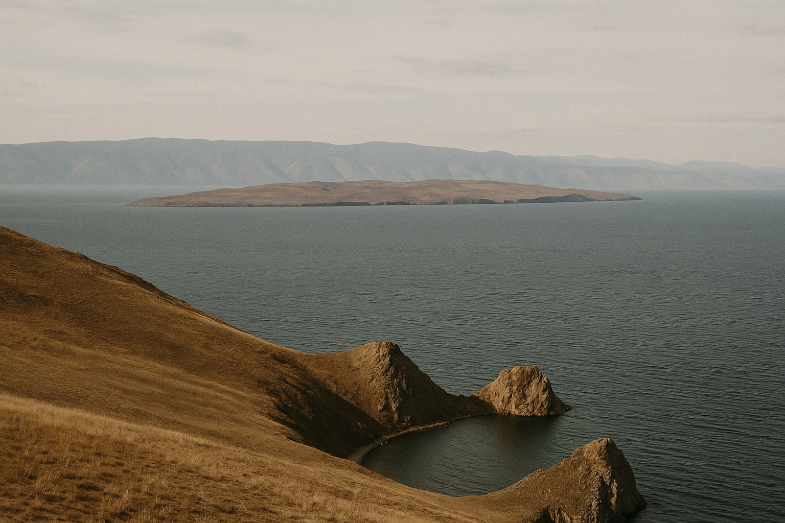 Blick von einem Steppenhang über den weiten See mit einer langen Insel und Kaps im Vordergrund