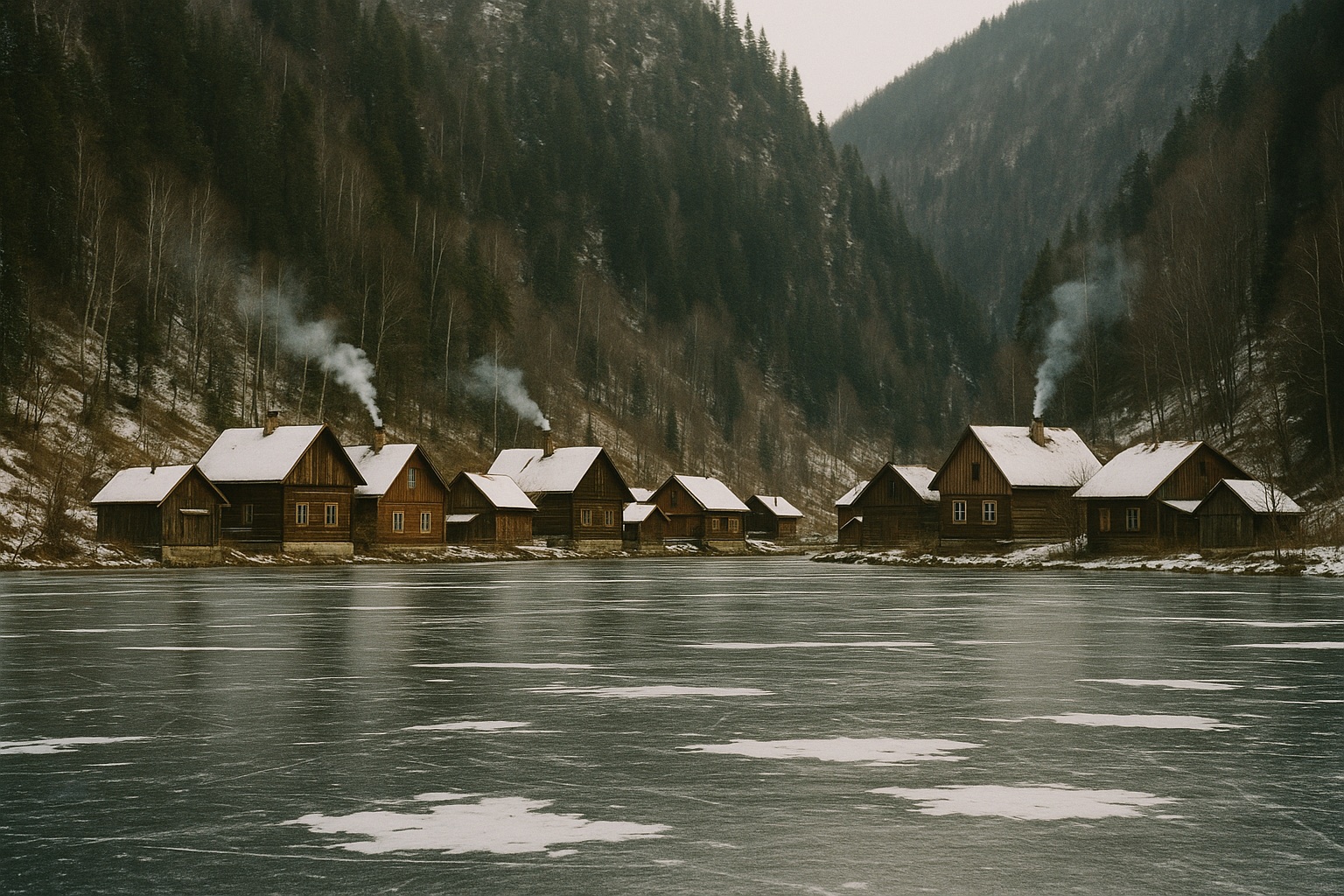 Kleines Dorf aus Holzhäusern in einer engen Bucht vom zugefrorenen See aus, Rauch aus Schornsteinen