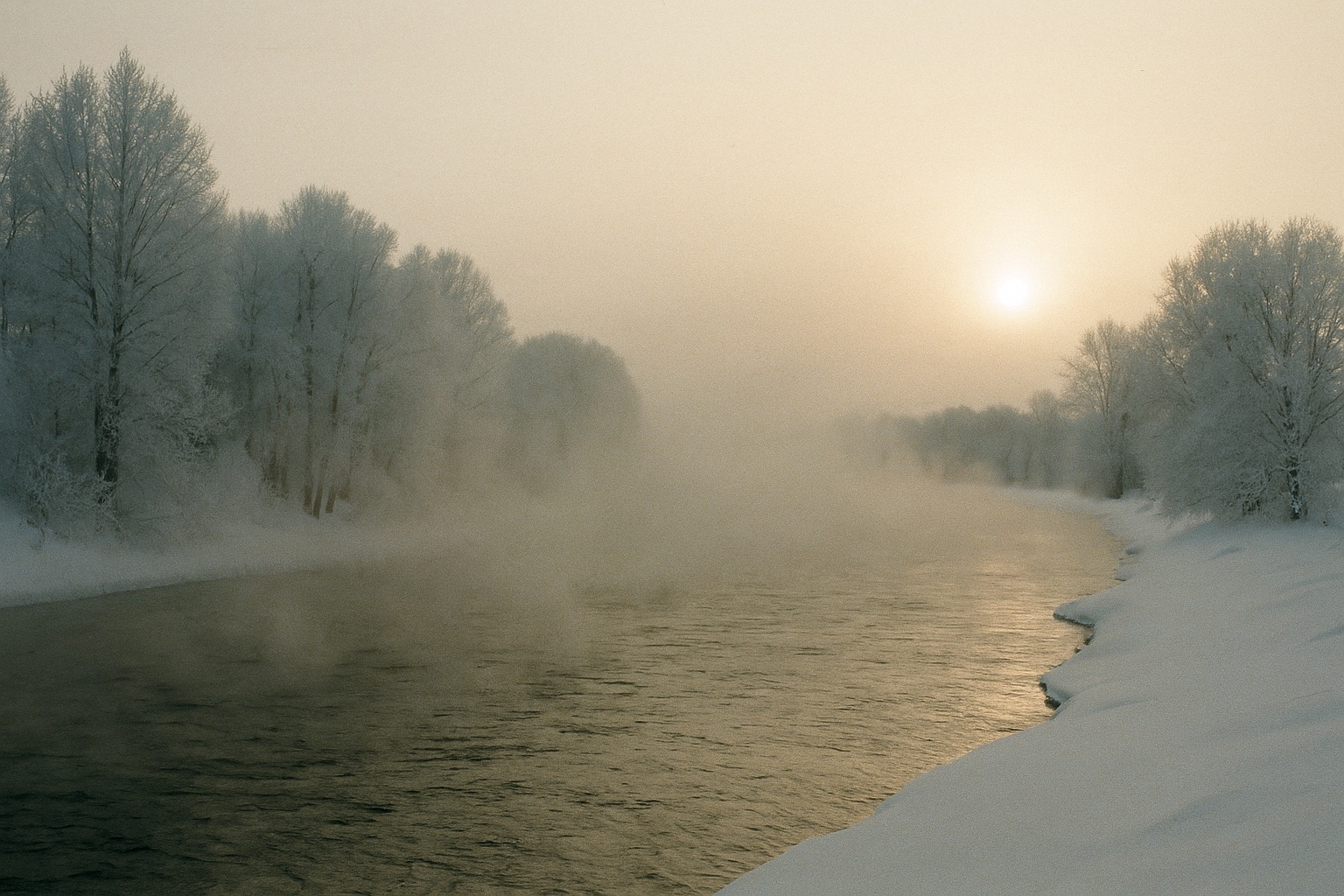 Breiter dunkler Fluss zwischen verschneiten Ufern, aus dem dichter weißer Dampfnebel aufsteigt