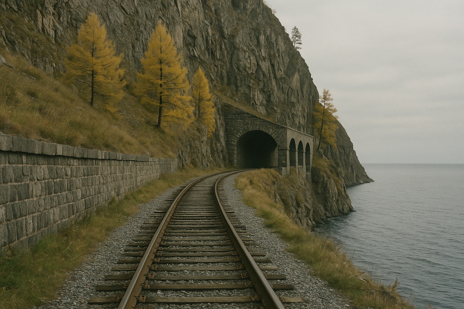 Eingleisige Bahnstrecke auf einem Felsabsatz mit Stützmauern und einer Steingalerie über dem See im Herbst