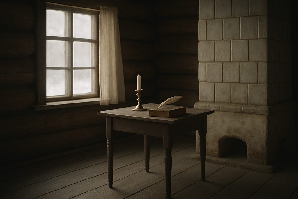 Zimmer eines alten Holzhauses mit Schreibtisch, Kerzenleuchter, Buch und Feder am Fenster