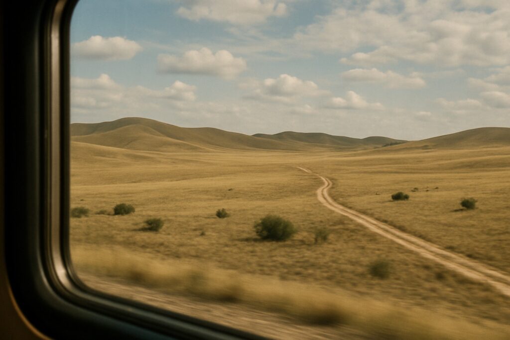 Blick aus einem Zugfenster auf weite Steppe mit niedrigen Hügeln und einem Feldweg