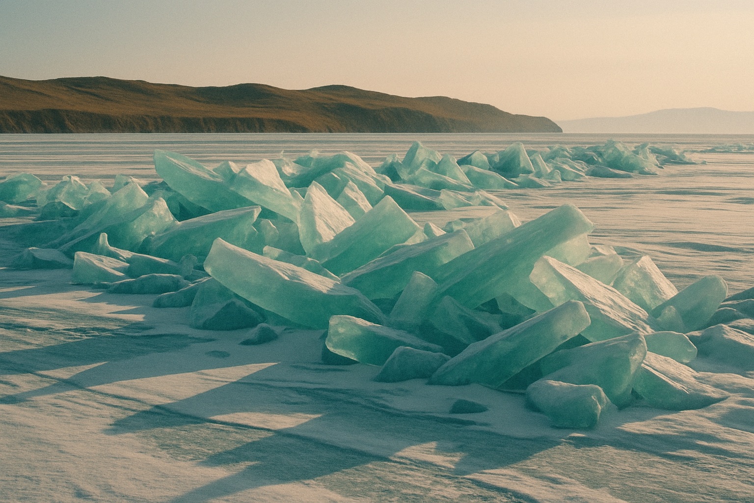 Aufgetürmte türkise Eisschollen auf dem zugefrorenen See im Abendlicht, dahinter die Hügel von Olchon