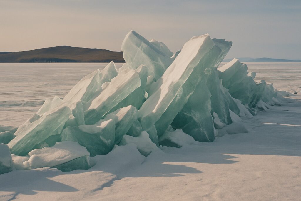Ein Rücken aus schräg aufgestellten Eisschollen mit türkisen Bruchkanten und Schneeverwehungen