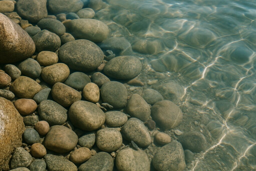 Runde Steine unter klarem Flachwasser am Ufer mit Lichtreflexen