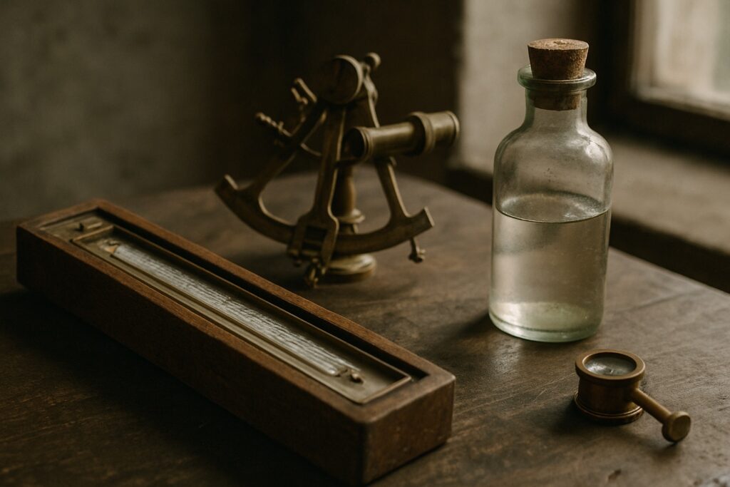 Historisches Thermometer im Holzgehäuse, Winkelmessgerät aus Messing und gläserne Wasserflasche auf einem Holztisch