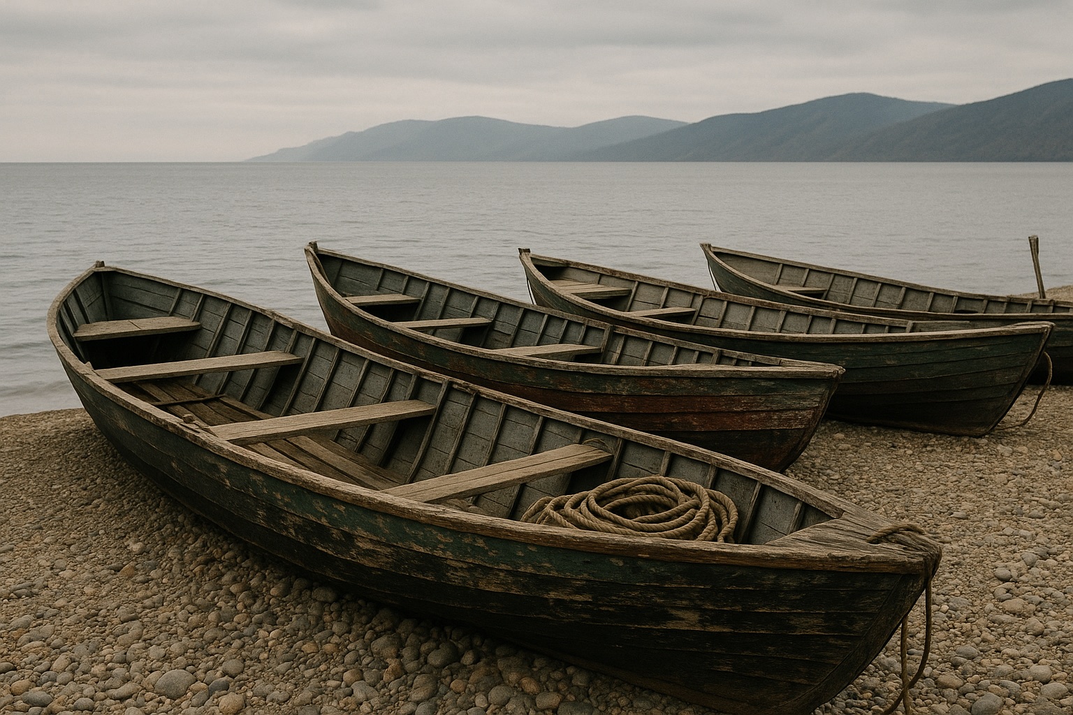 Mehrere alte hölzerne Fischerboote ohne Aufschrift auf einem Kiesstrand, dahinter der graue See
