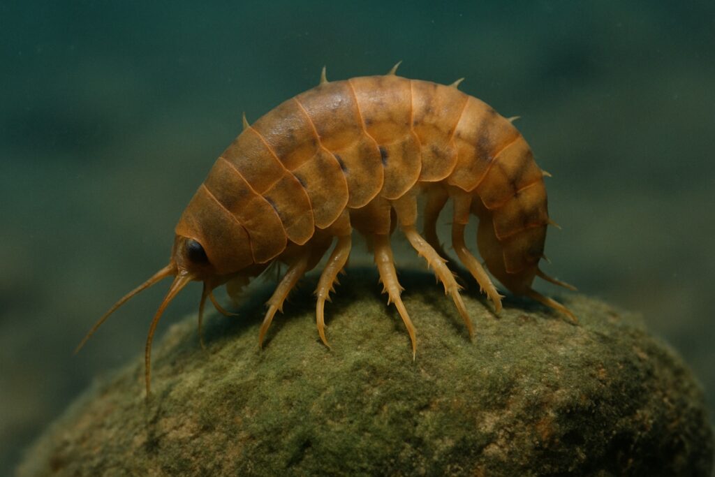 Nahaufnahme eines bunten, stacheligen Flohkrebses auf einem grünen Süßwasserschwamm