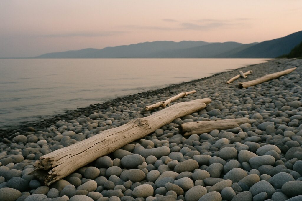 Kiesstrand mit gebleichtem Treibholz am Abend, ruhiges Wasser und ferne Berge
