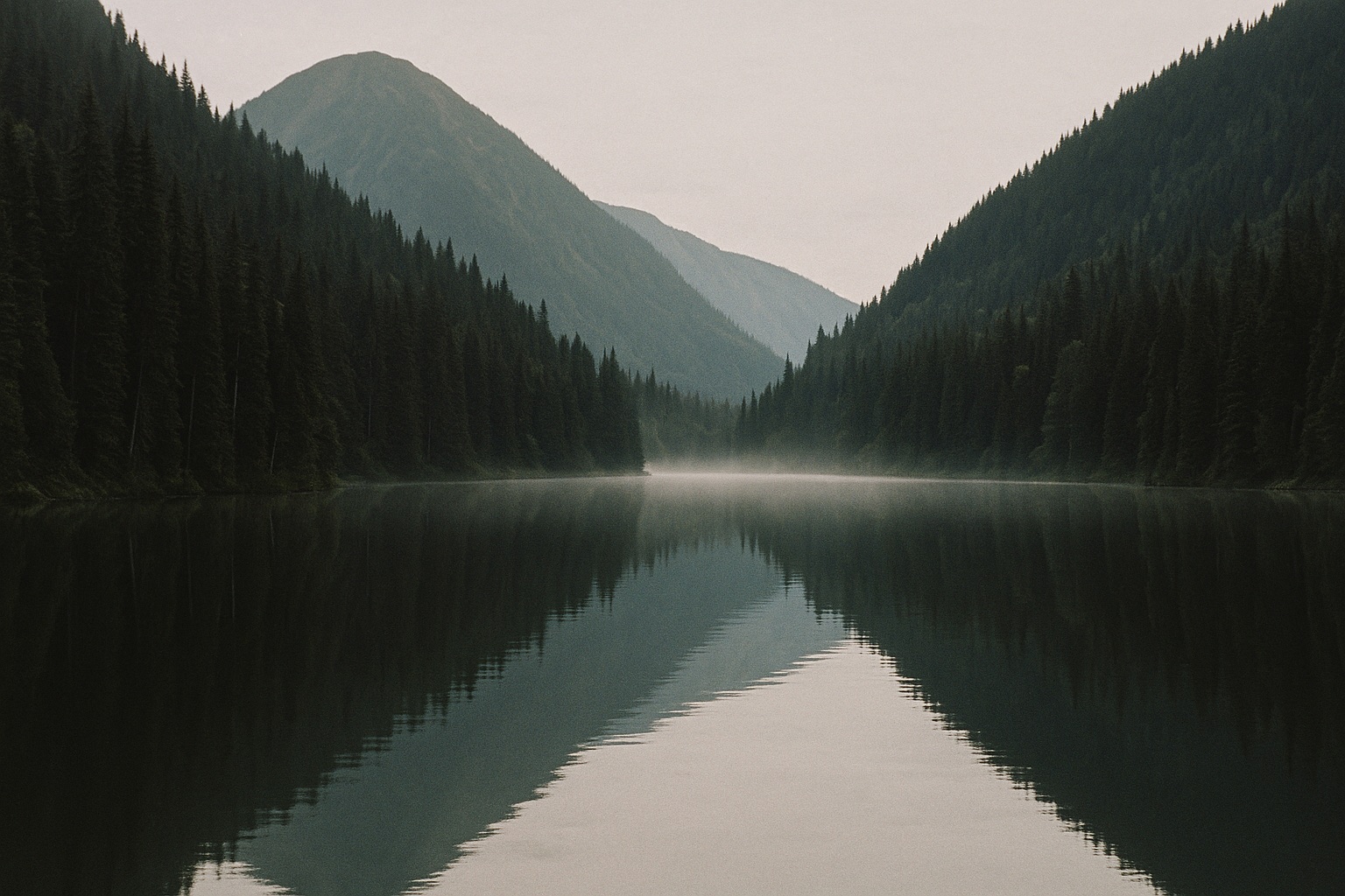 Stiller Bergsee zwischen dunkler Taiga und steilen bewaldeten Hängen, Morgennebel auf dem Wasser