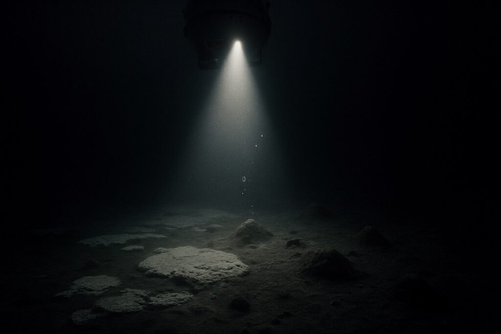 Lichtkegel eines Tauchboots auf hellen Krusten und kleinen Schlammhügeln am dunklen Seegrund