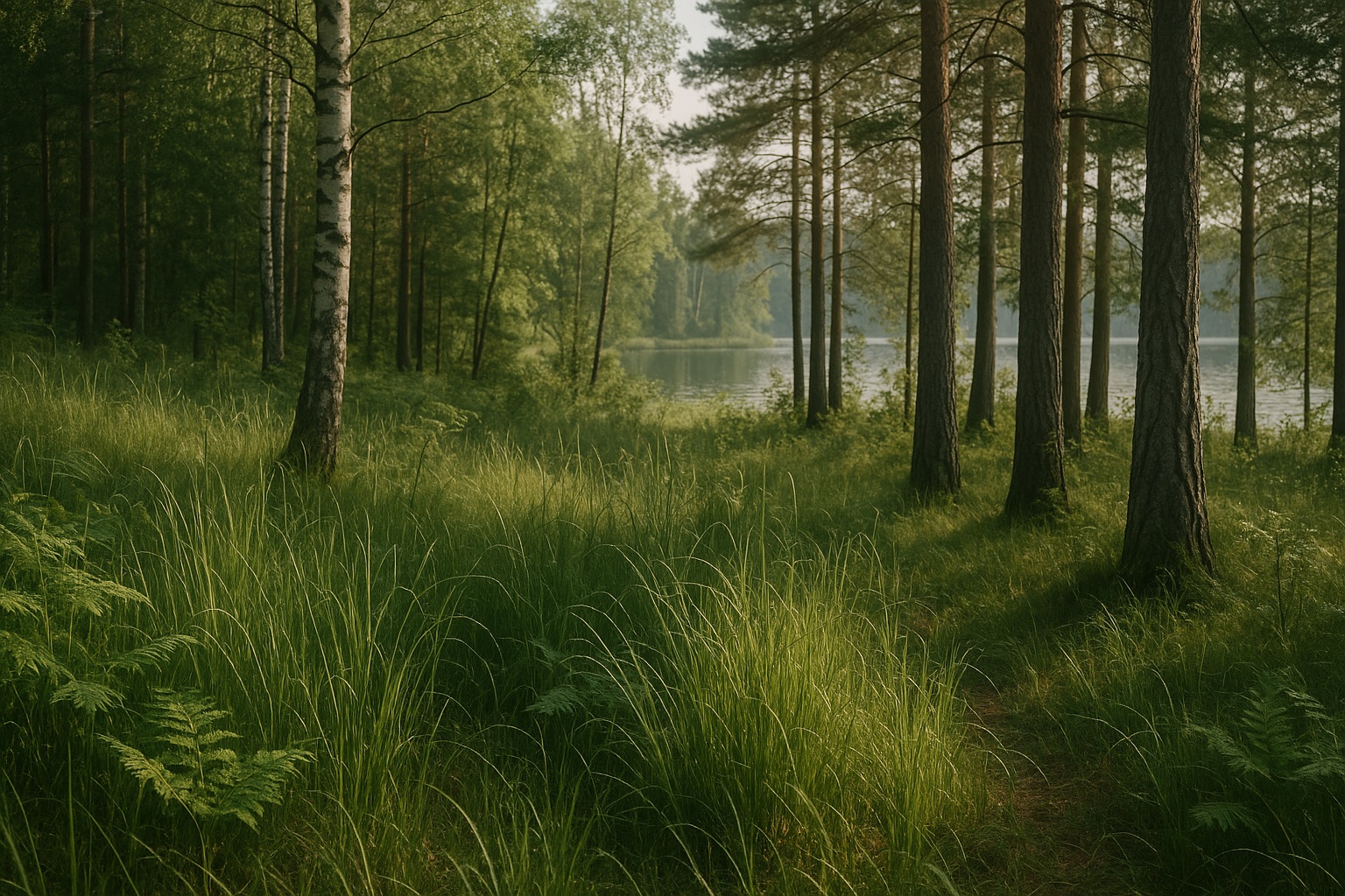 Sonniger Waldrand der Taiga im Juni mit hohem Gras und Farnen vor Birken und Kiefern