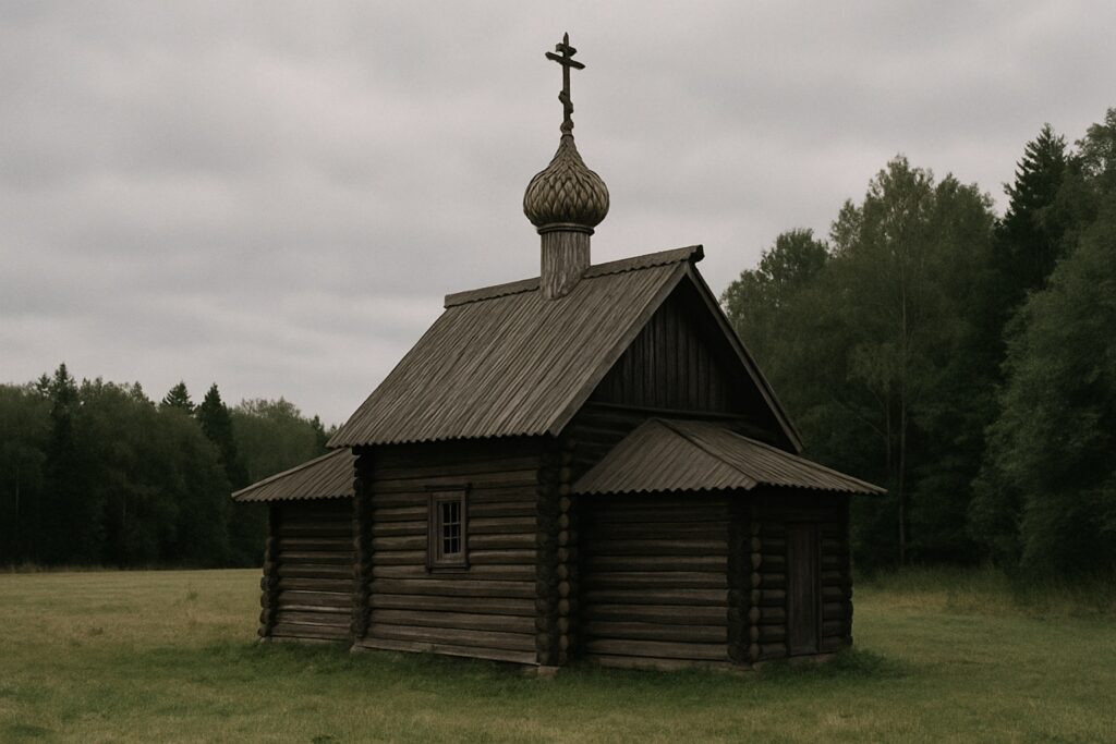 Kleine alte Blockkirche aus dunklem Holz mit Schindeldach und kleiner Zwiebelkuppel auf einer Wiese am Waldrand