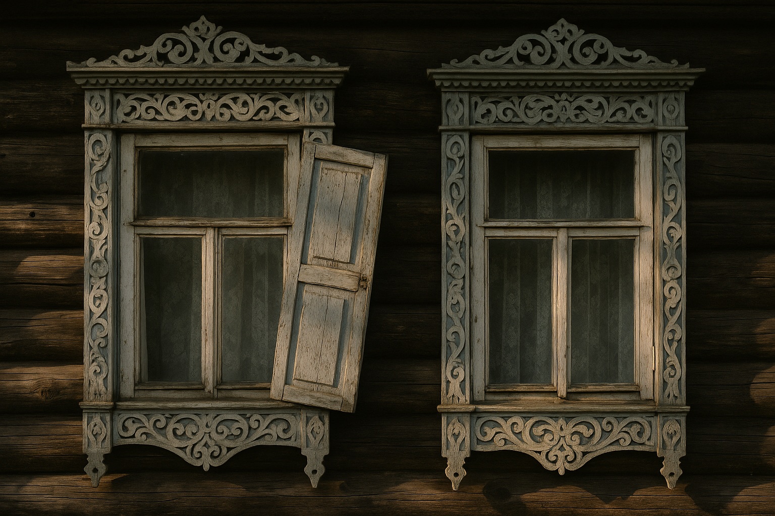 Zwei Fenster eines alten Holzhauses mit kunstvoll geschnitzten, hell gestrichenen und verwitterten Rahmen