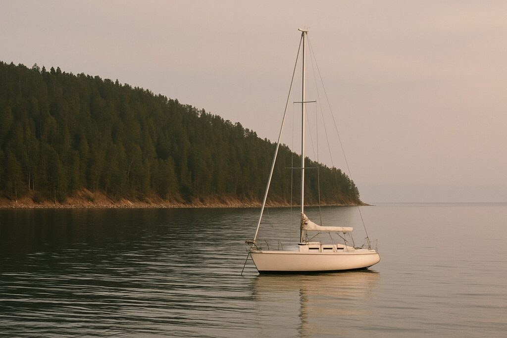 Kleines weißes Segelboot ohne Aufschrift vor Anker in einer stillen Bucht vor einer bewaldeten Halbinsel