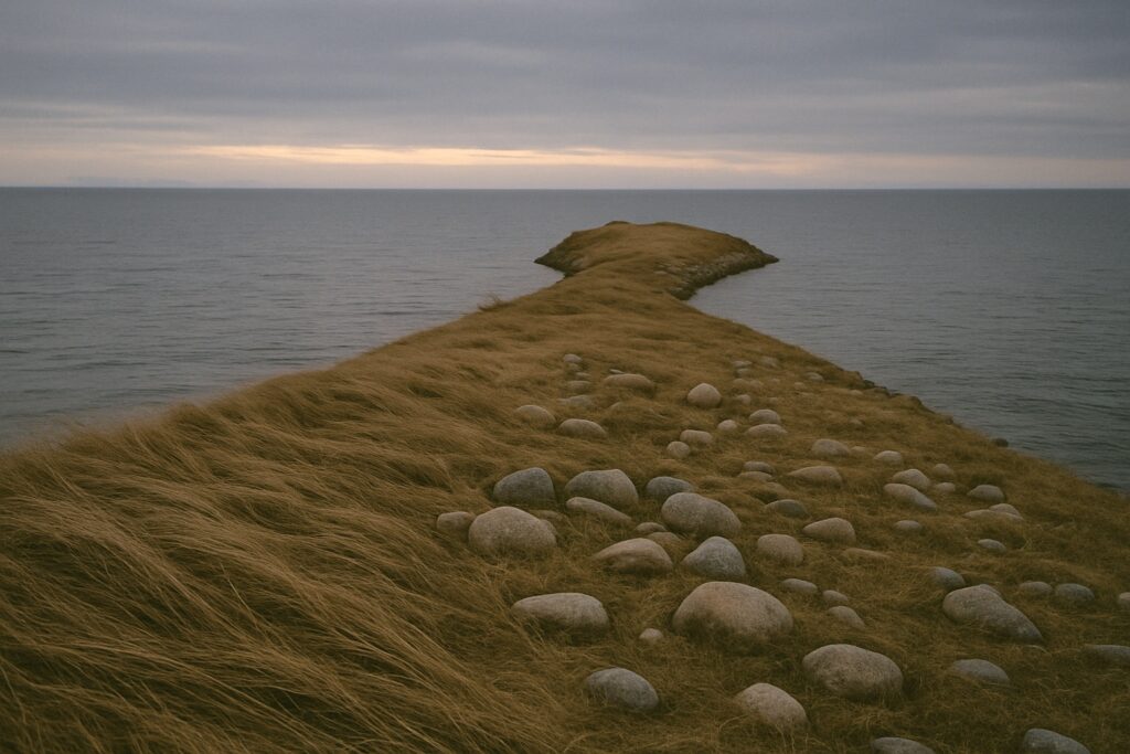 Vom Wind niedergedrücktes Gras und runde Steine an der Spitze eines niedrigen Kaps in der Dämmerung