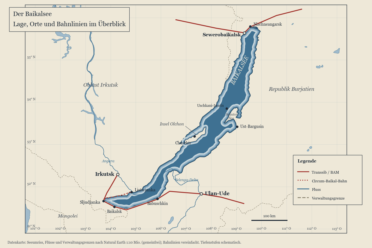 Karte des Baikalsees mit Orten, Flüssen, Transsib, Circum-Baikal-Bahn, BAM und den Verwaltungsgrenzen