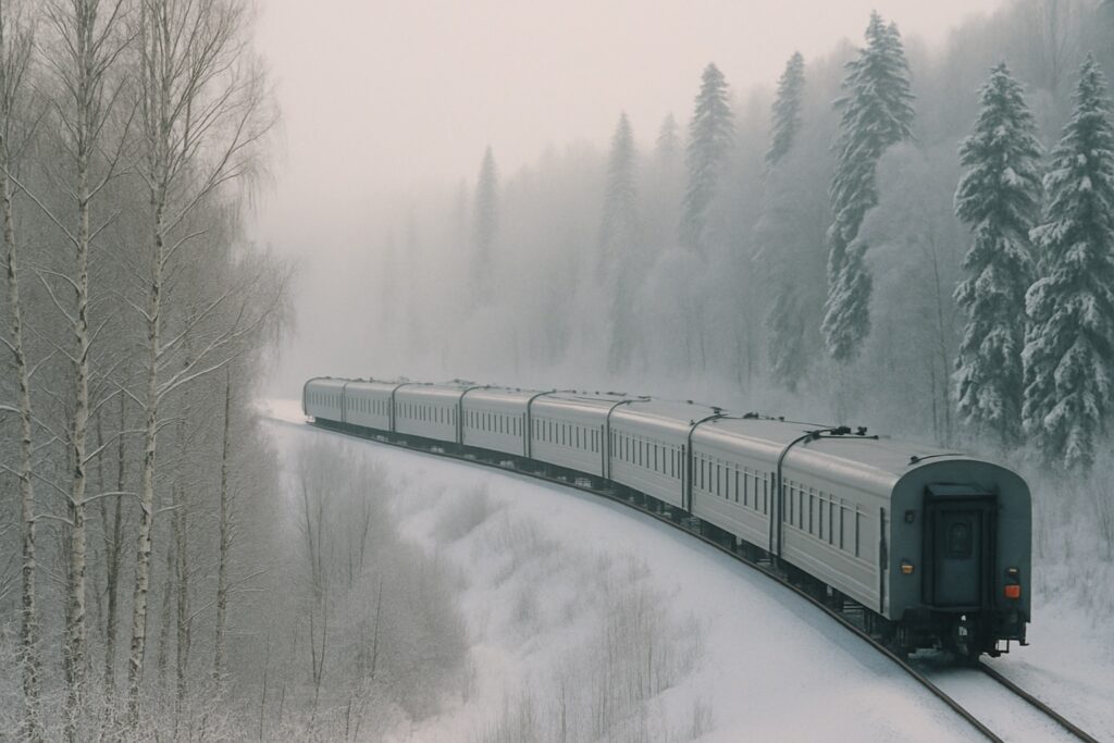 Langer Reisezug ohne Aufschrift auf einem Bahndamm in verschneiter Taiga