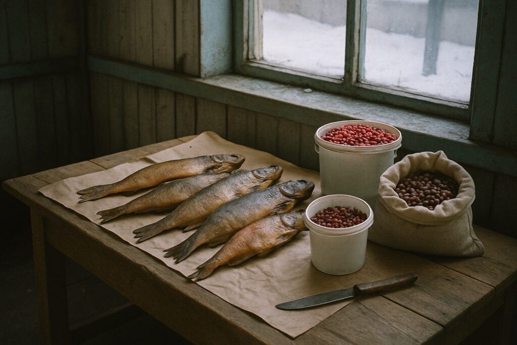 Holztisch am Fenster mit geräuchertem Fisch auf Packpapier, Eimern mit Preiselbeeren und einem Sack Zirbelnüsse