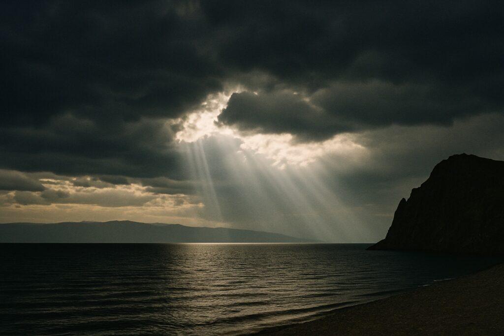 Dunkle Sturmwolken, durch die Lichtbahnen auf den See fallen, rechts ein dunkles Felskap
