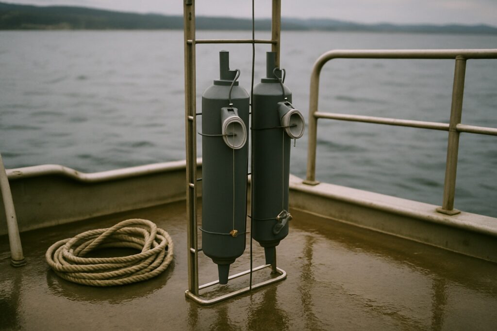 Reihe grauer Wasserschöpfer und ein Tau auf dem nassen Deck eines Forschungsboots