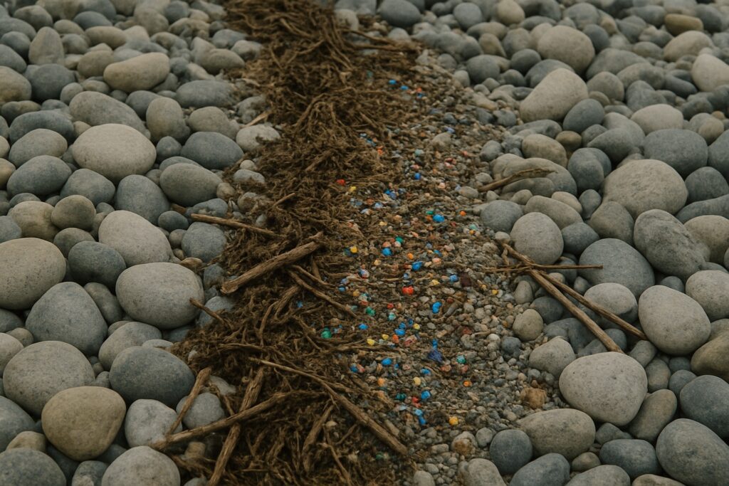 Spülsaum am Kiesstrand mit getrockneten Algen, Zweigen und winzigen bunten Kunststoffbruchstücken