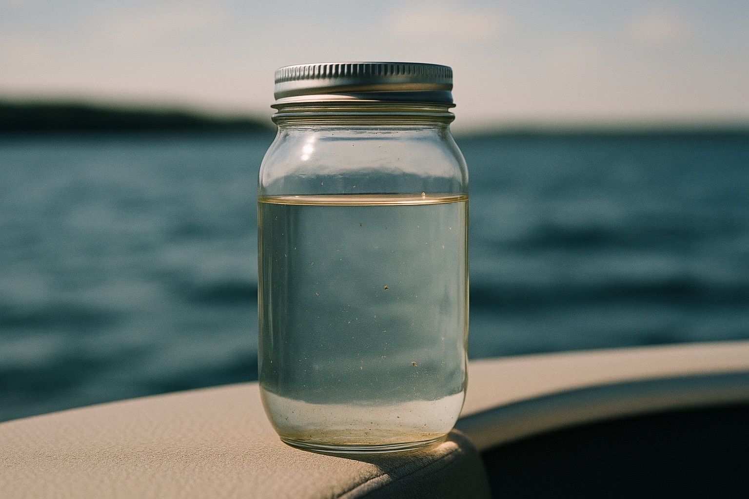 Klares Probenglas mit Seewasser gegen das Licht, darin einige winzige schwebende Teilchen