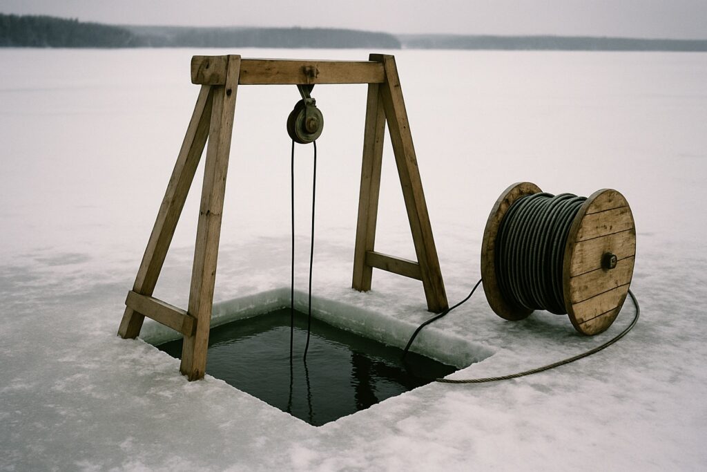 Rechteckiges Loch im dicken Klareis mit Holzgestell, Umlenkrolle und Stahlseil, daneben eine Kabeltrommel
