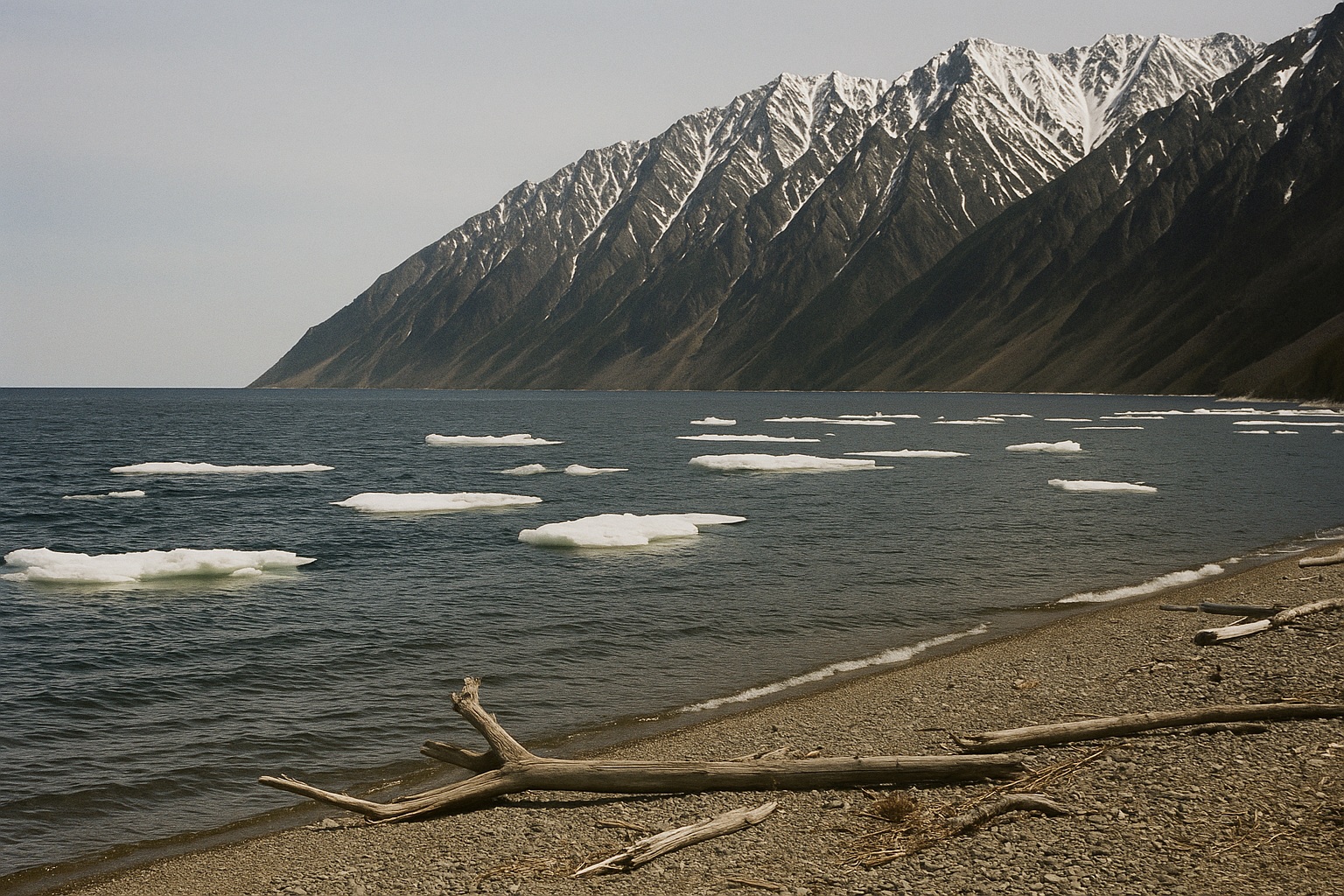 Schneebedeckte, zackige Bergkette über dem Nordufer, auf dem Wasser treiben noch Eisschollen, im Vordergrund Kiesstrand mit Treibholz