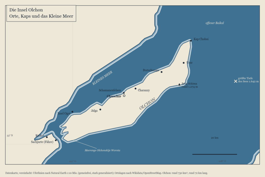 Karte der Insel Olchon mit Chuschir, Schamanenfelsen, Kap Choboi, Berg Schima, Kleinem Meer und Fährstelle