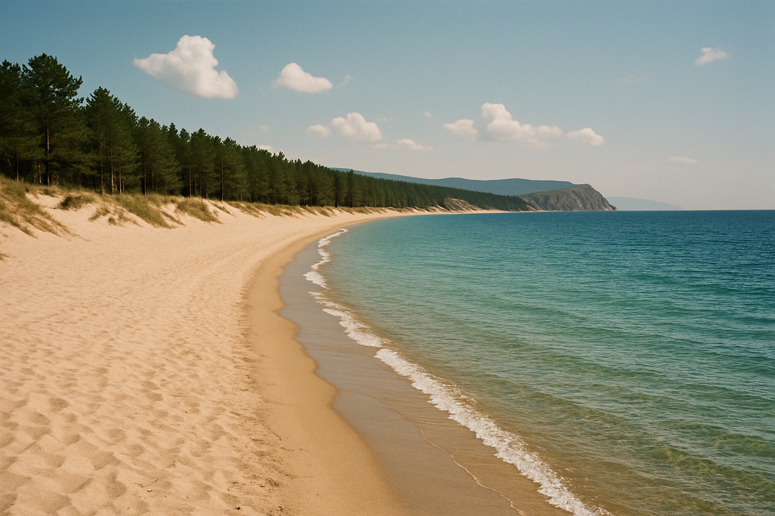 Lange helle Sandbucht mit Dünen und Kiefernwald, flaches türkisfarbenes Wasser