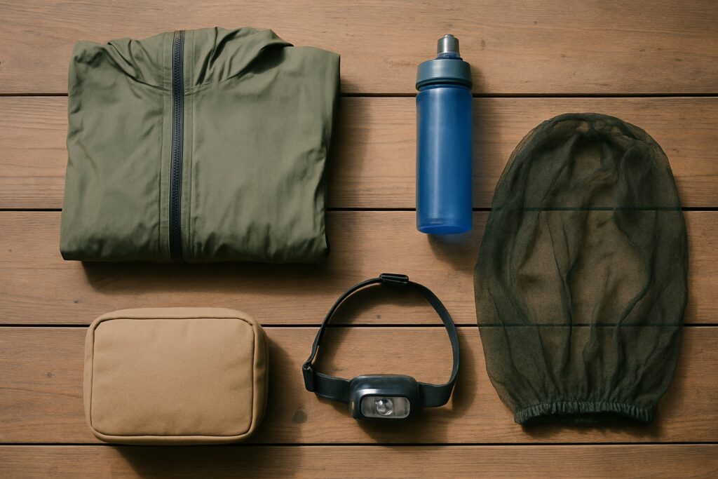 Sommerausrüstung auf einem Holzboden: Regenjacke, Wasserfilter, Mückennetz, Stirnlampe und Erste-Hilfe-Tasche ohne Marken