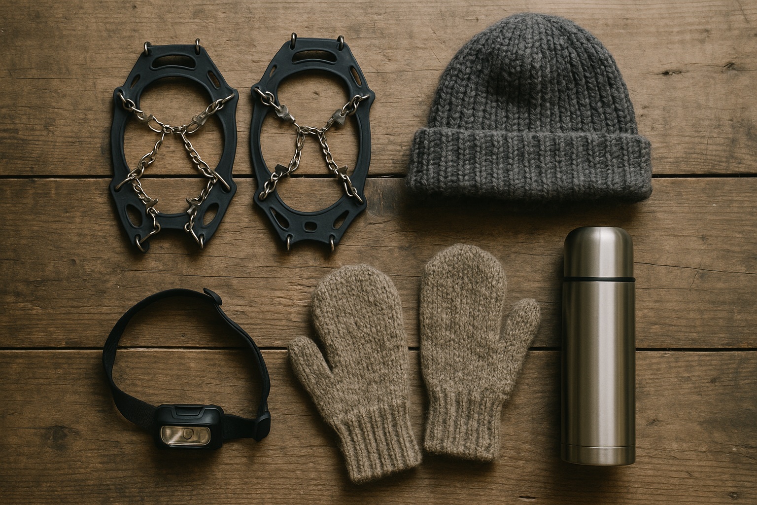 Winterausrüstung auf einem Holzboden: Spikes, Strickmütze, Fäustlinge, Thermoskanne und Stirnlampe ohne Marken