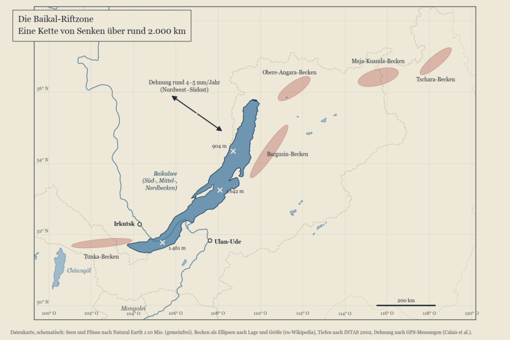 Karte der Baikal-Riftzone mit Tunka-, Bargusin-, Obere-Angara-, Muja- und Tschara-Becken und den drei Becken des Sees