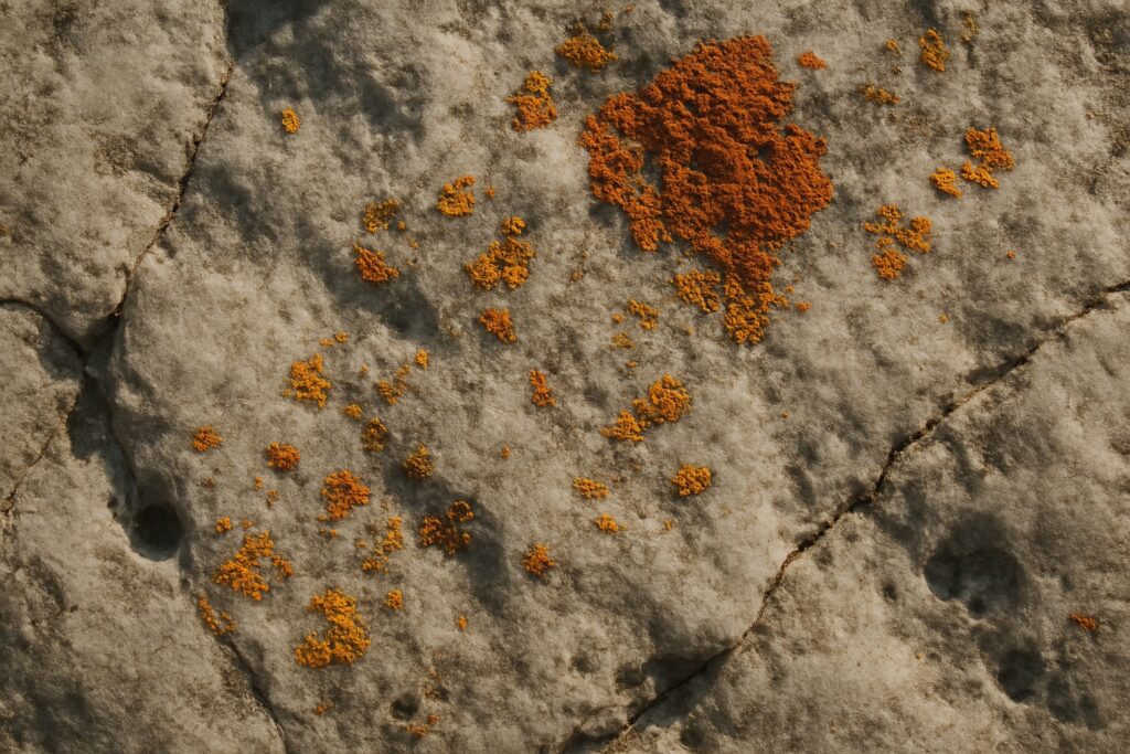 Heller Marmorfels mit orangeroten und gelben Flechten, Nahaufnahme